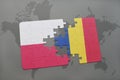 puzzle with the national flag of poland and romania on a world map background. Royalty Free Stock Photo