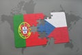 puzzle with the national flag of portugal and czech republic on a world map background.