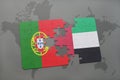 puzzle with the national flag of portugal and united arab emirates on a world map background.