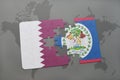 puzzle with the national flag of qatar and belize on a world map background.