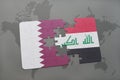 puzzle with the national flag of qatar and iraq on a world map background.
