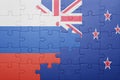 Puzzle with the national flag of russia and new zealand