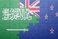 Puzzle with the national flag of saudi arabia and new zealand