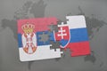 Puzzle with the national flag of serbia and slovakia on a world map background.