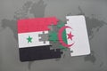 puzzle with the national flag of syria and algeria on a world map Royalty Free Stock Photo