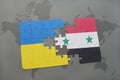 puzzle with the national flag of ukraine and syria on a world map Royalty Free Stock Photo