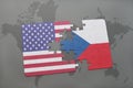 puzzle with the national flag of united states of america and czech republic on a world map background