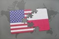 puzzle with the national flag of united states of america and poland on a world map background