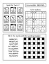Puzzle Page For Grown-ups With 4 Variety Puzzles: Two Word Games, Visual Riddle And Sudoku.