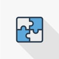 Puzzle part, jigsaw piece, solution thin line flat color icon. Linear vector symbol. Colorful long shadow design.