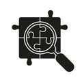 Puzzle Parts with Magnifier Silhouette Icon. Jigsaw Pieces and Magnifying Glass Glyph Pictogram. Search, Problem Solving