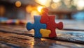 A puzzle piece with a blue, red, and yellow piece on top of it by AI generated image Royalty Free Stock Photo