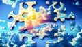 Puzzle piece with clouds in the background. Generative AI Royalty Free Stock Photo