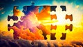 Puzzle piece with clouds and sun in the background. Generative AI Royalty Free Stock Photo