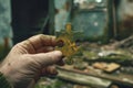 Puzzle piece in human hand, vintage tone.