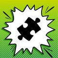 Puzzle piece sign. Black Icon on white popart Splash at green background with white spots. Illustration Royalty Free Stock Photo