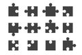 Puzzle pieces black icon set. Variety blank mosaic shapes on isolated background. vector