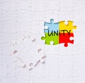 Puzzle pieces connected to each other with the word unity Royalty Free Stock Photo