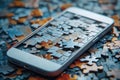 Puzzle pieces filling the screen of a smartphone lying on a pile of puzzle pieces, symbolizing problem-solving, technology, and Royalty Free Stock Photo