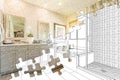 Puzzle Pieces Fitting Together Revealing Finished Bathroom Build Over Drawing