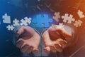 Puzzle pieces on a futuristic interface - 3d rendering Royalty Free Stock Photo