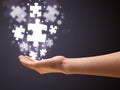 Puzzle pieces in the hand of a woman Royalty Free Stock Photo