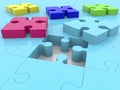 Puzzle pieces near hole on blue puzzle surface.3d illustration. Royalty Free Stock Photo