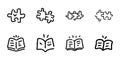 Puzzle Pieces And Open Books In Hand Drawn Style Set. Problem Solving, Learning, Knowledge Acquisition Doodle Sketch Royalty Free Stock Photo