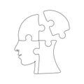 Puzzle shaped head lacking one piece in one line drawing. Concept of Mental health. Thoughts management in psychology