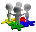 Puzzle Solved And 3d Characters Shows Unity And Teamwork Royalty Free Stock Photo