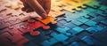 Puzzle Solver: Closeup of Determined Person Solving Colorful Puzzle with Copy Space for Marketing or Editorial Use, Symb
