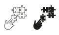 Puzzle Strategy Solution Line and Silhouette Icon Set. Jigsaw and Human Hand. Connect Parts of Puzzle. Editable Stroke