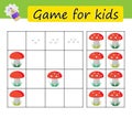 Puzzle task, game for preschool kids. Developing numeracy skills. Cartoon red fly agarics