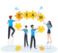 Puzzle teamwork business solution concept. Team at work. Group of people connecting puzzle elements. Royalty Free Stock Photo