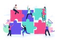 Puzzle teamwork. People work together and connect puzzle pieces, business office workers team cooperation flat vector Royalty Free Stock Photo