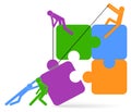 Teamwork concept. Puzzle and people icon. Business people holding puzzle. Vector illustration. Business strategy brainstorming.