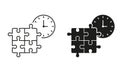 Puzzle with Time, Urgency Solution Line and Silhouette Icon Set. Deadline for Teamwork Strategy Sign. Editable Stroke