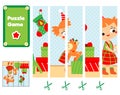 Puzzle for toddlers. Educational game. Complete the picture with girl unpack Christmas gifts. New Year holidays theme