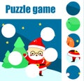 Puzzle for toddlers. Educational game. Complete the picture with Santa Claus in forest. Christmas and New Year holidays theme