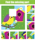 Puzzle for toddlers. Find the missing part of picture. Educational children game animals theme.