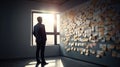 Puzzled businessman stands near board with lots of sticky notes for reminders