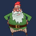 A puzzled cartoon bearded gnome in a red cap stands akimbo