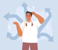 Puzzled diverse man thinking of dilemma and choosing the path. Uuncertainty concept. Hand-drawn vector illustration. Royalty Free Stock Photo