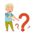 Puzzled Little Boy Pointing at Question Mark Wondering Vector Illustration Royalty Free Stock Photo