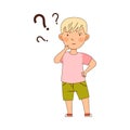 Puzzled Little Boy with Question Mark Scratching His Chin Wondering Vector Illustration Royalty Free Stock Photo