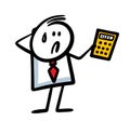 Puzzled man in a business suit looks at the numbers on the calculator in confusion. Royalty Free Stock Photo