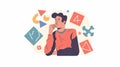 A puzzled man with geometric shapes. Difficult tasks, unknown challenges. A worried overwhelmed lost person with figures
