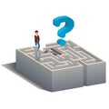 Puzzled man standing at maze entrance and thinking