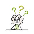 puzzled pensive young curly teen girl with green question marks overhead vector sketch illustration