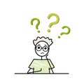 puzzled pensive young teen boy with green question marks overhead vector sketch illustration